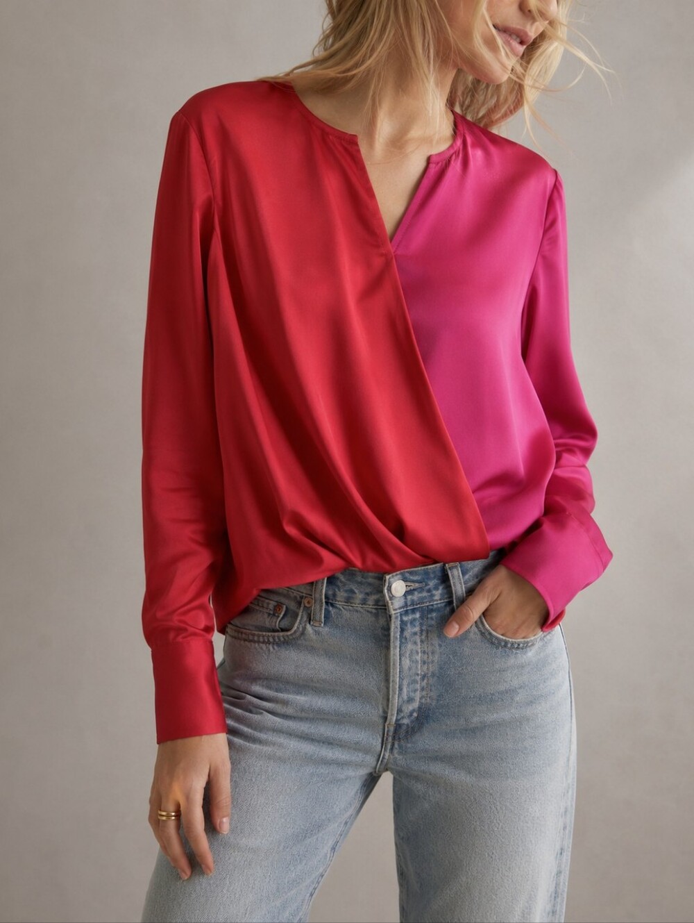 Milly Pink Red Satin Draped Wrap Blouse Long Sleeve Womens Size Petite